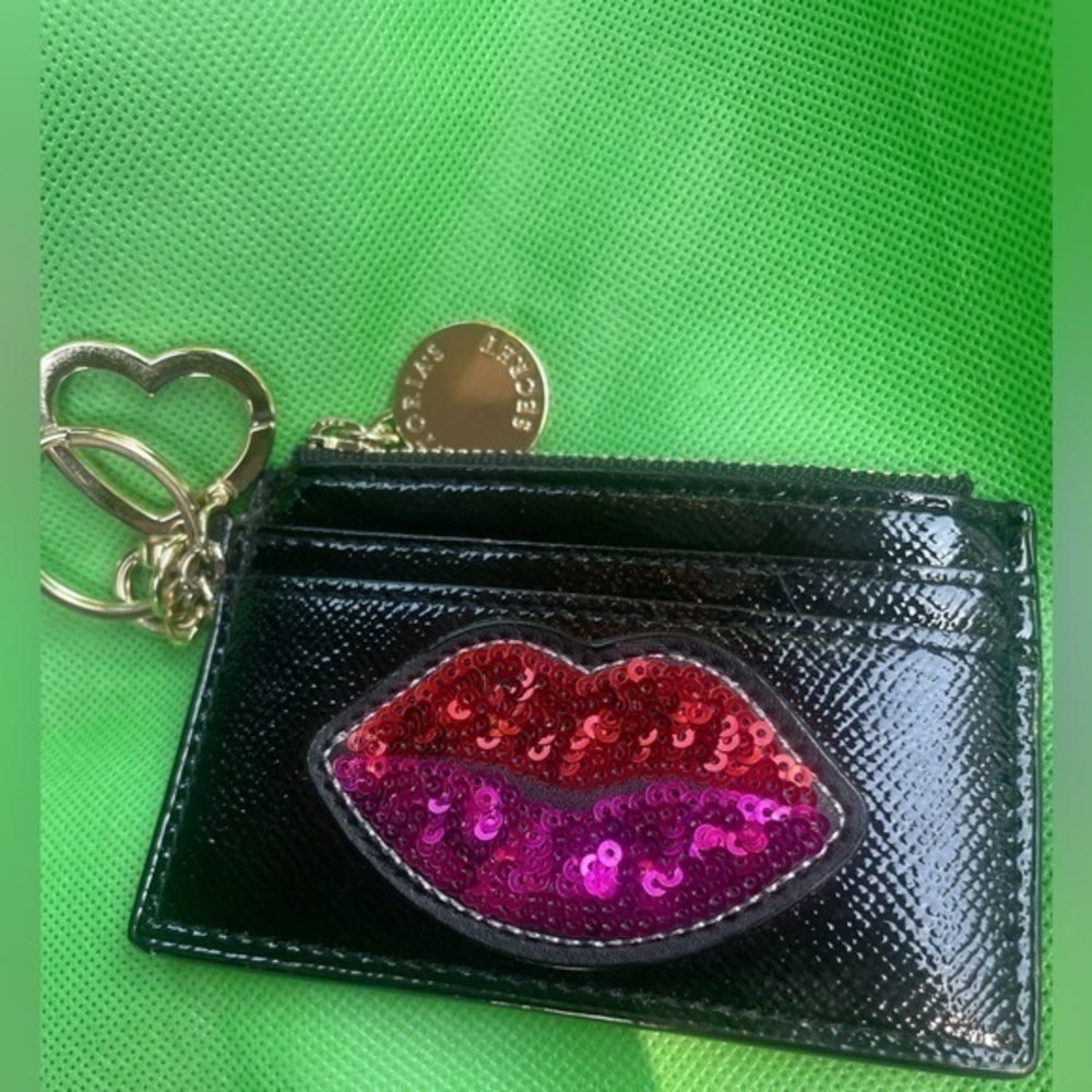 Victoria's Secret Black Wallet with Pink Sequin Lips,Card Holder.